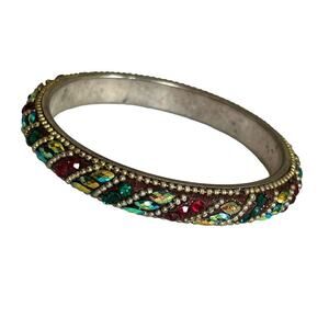 Vintage Multi-Color Rhinestone Indian Style Bangle Bracelet 2.5" Diameter Openin